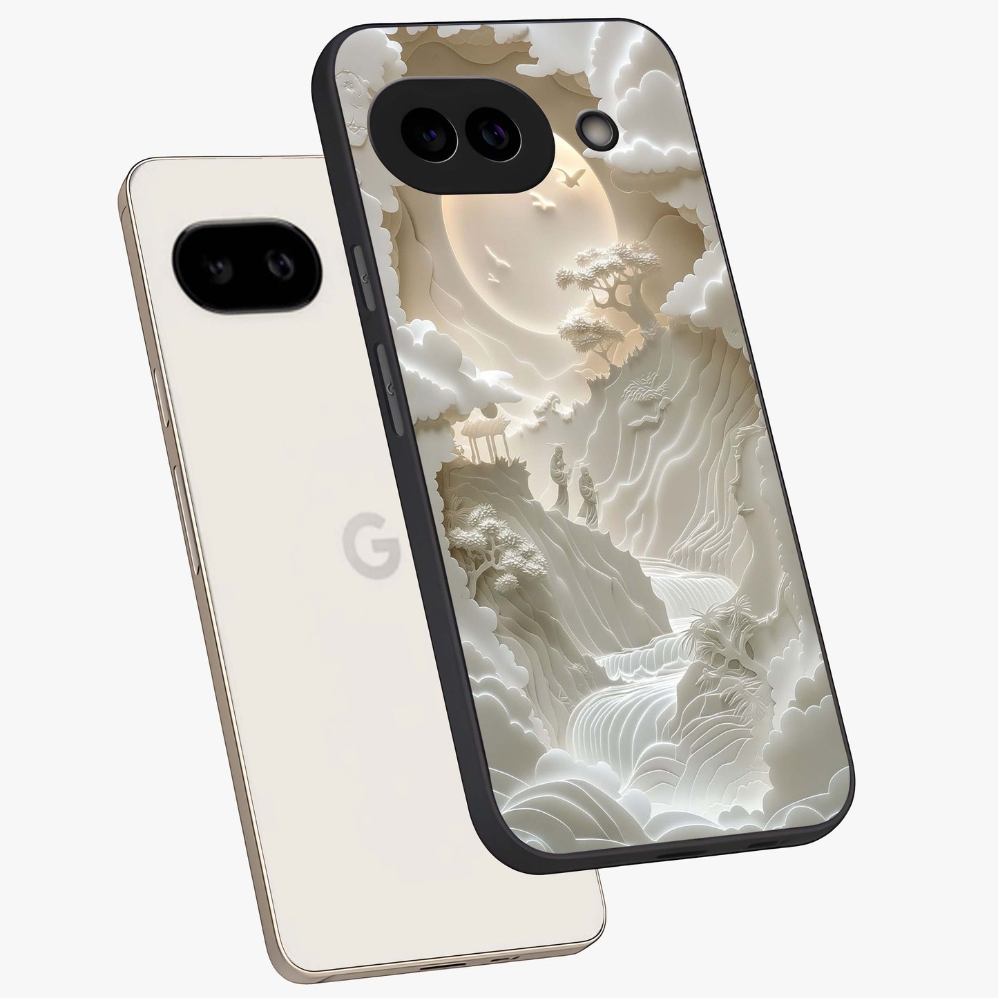 Celestial Origami Glass Case displayed in angled mockup highlighting geometric origami design with cosmic aesthetic theme.