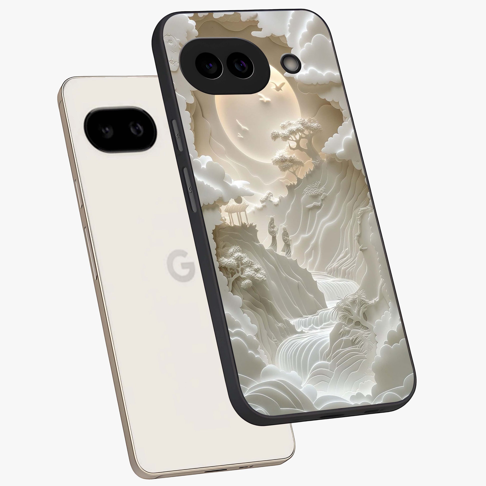 Celestial Origami Glass Case displayed in angled mockup highlighting geometric origami design with cosmic aesthetic theme.
