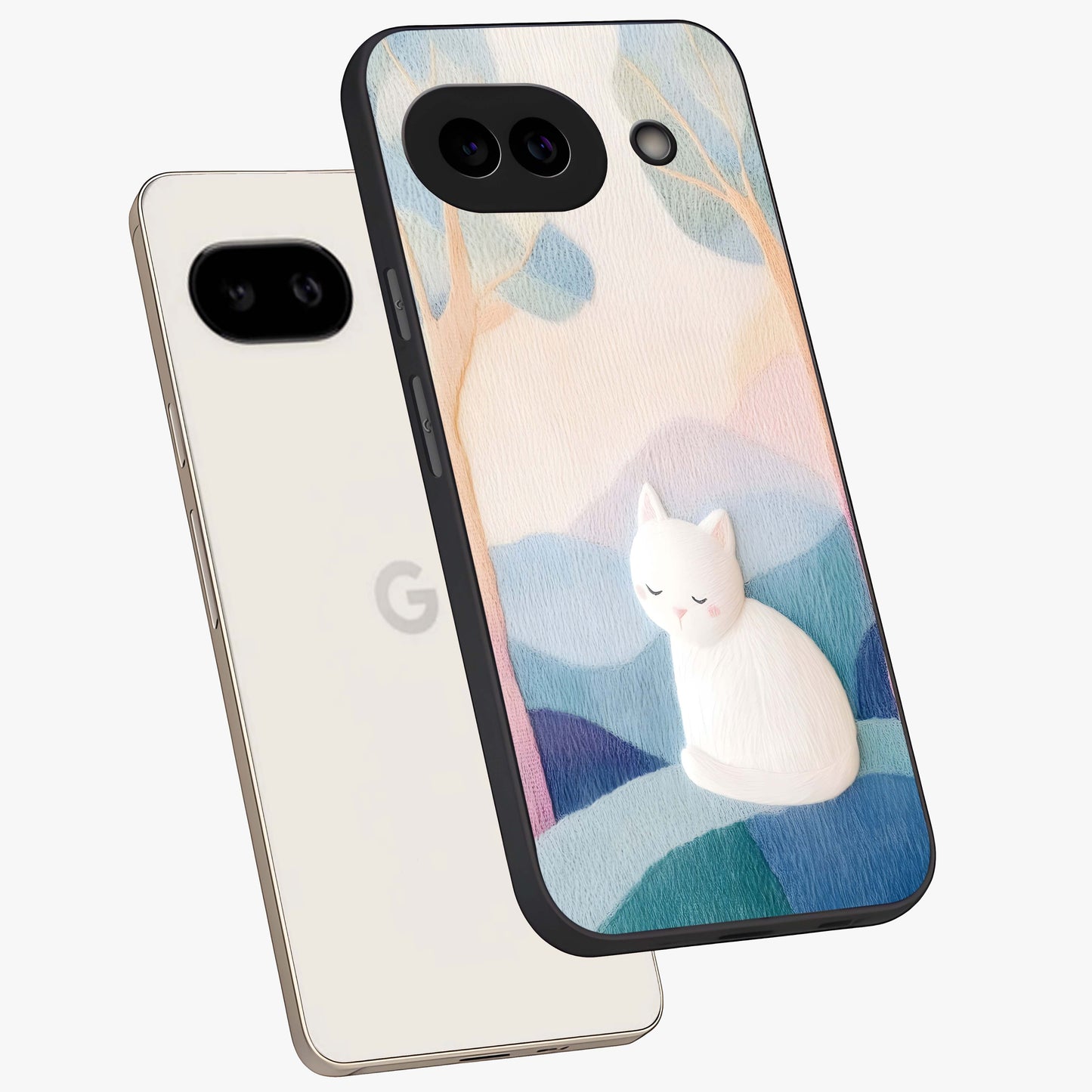 Cotton Dream Cat Glass Case displayed in angled mockup highlighting cute feline illustration with pastel aesthetic style.
