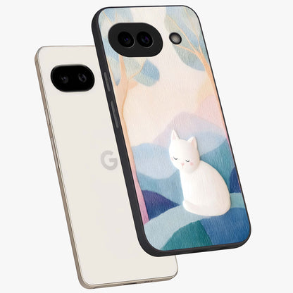 Cotton Dream Cat Glass Case displayed in angled mockup highlighting cute feline illustration with pastel aesthetic style.