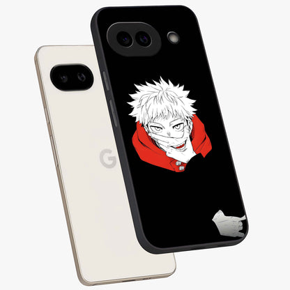 Crimson Chaos Smile Glass Case displayed in angled mockup highlighting edgy crimson smile design with graphic aesthetic.