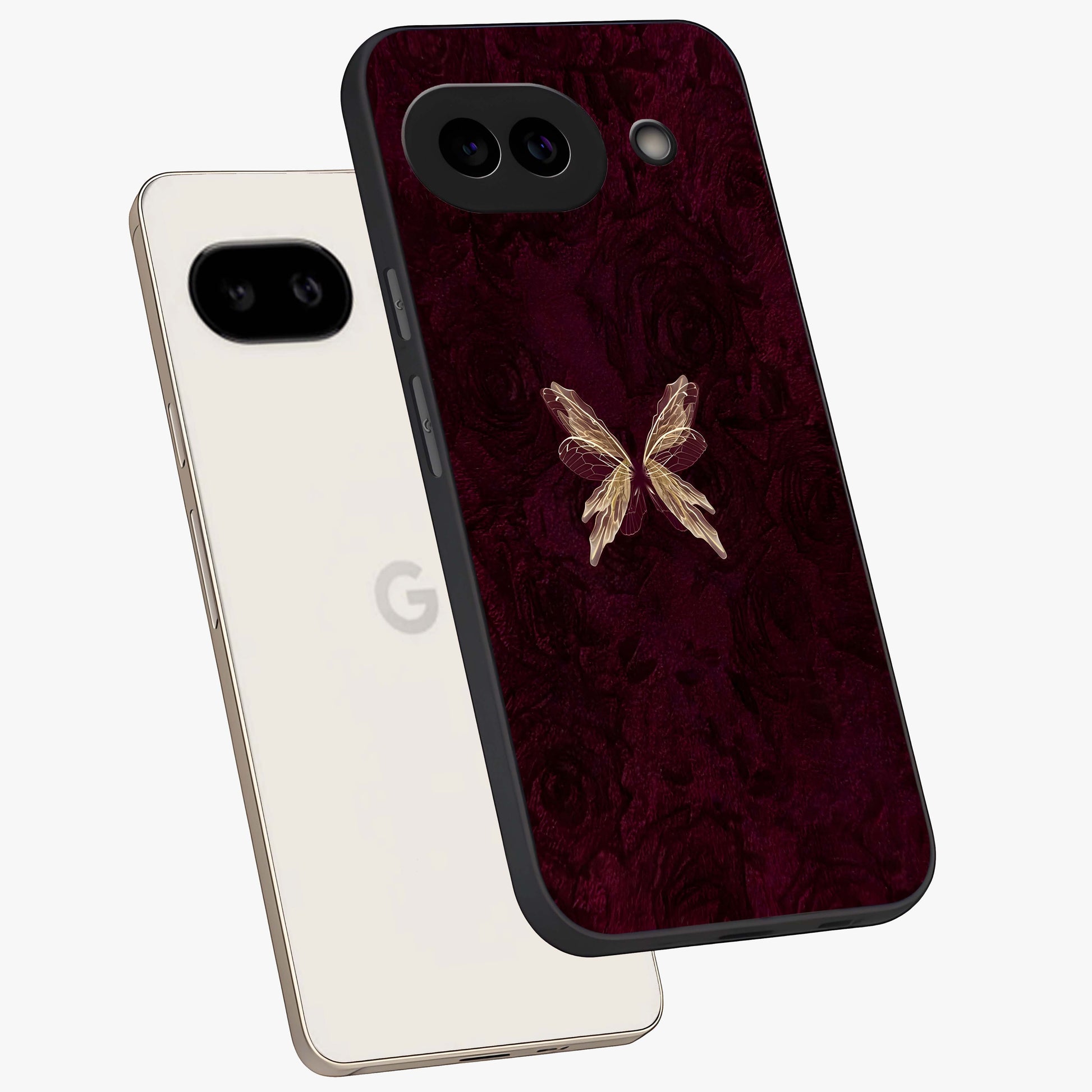 Crimson Fade Butterfly Glass Case displayed in angled mockup highlighting elegant butterfly design with crimson gradient aesthetic.