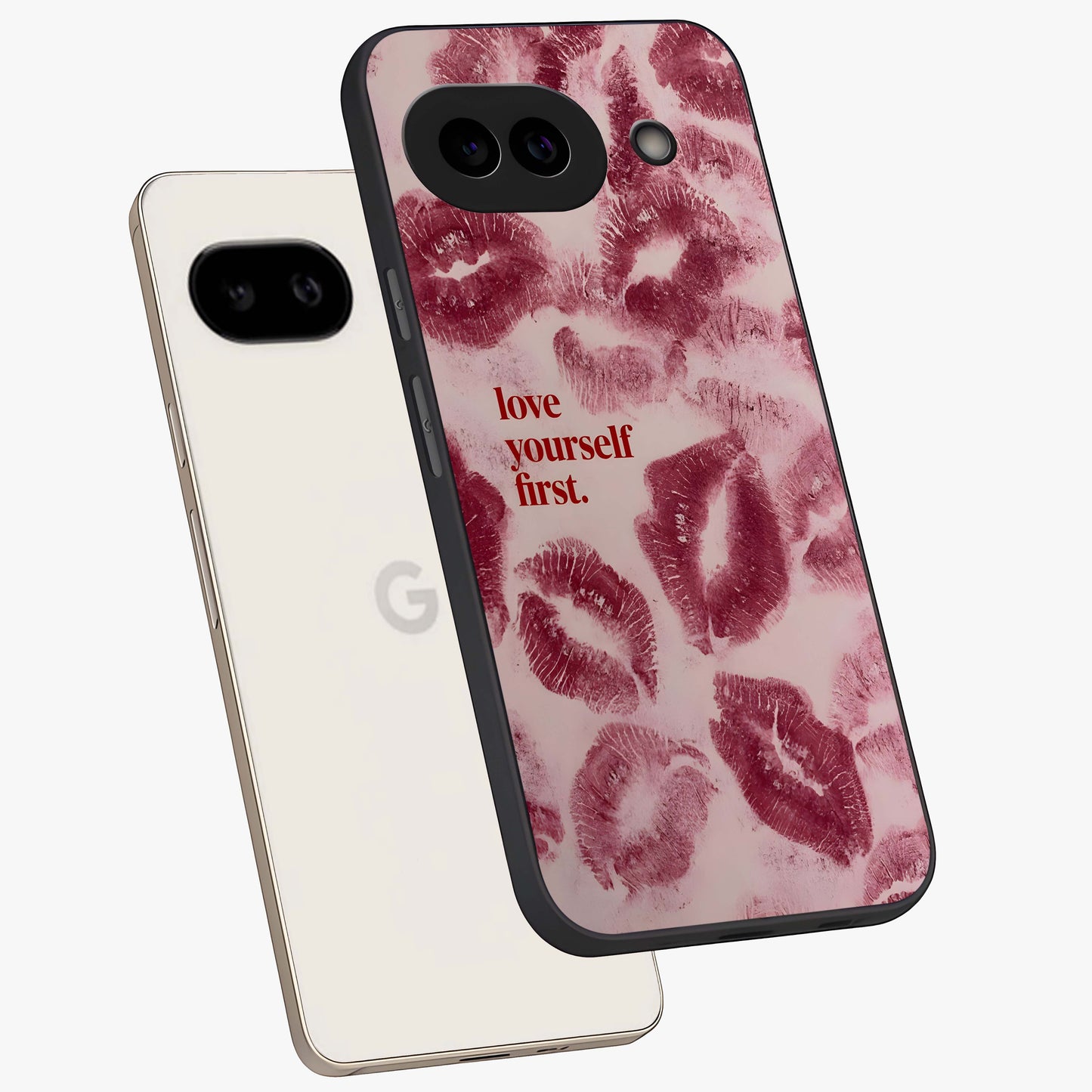 Crimson Kiss Love Glass Case displayed in angled mockup highlighting bold love inspired design with modern aesthetic style.