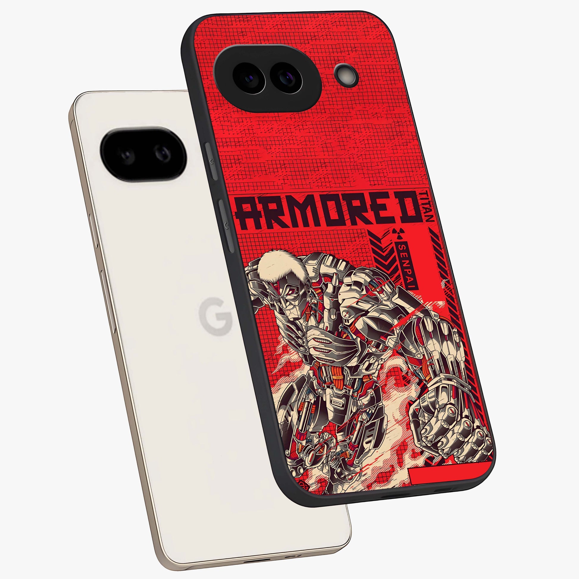Crimson Mecha Titan Glass Case displayed in angled mockup highlighting futuristic mech illustration with bold crimson aesthetic.