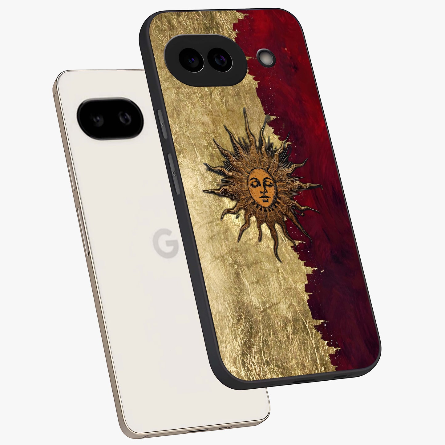 Crimson Sun Majesty Glass Case displayed in angled mockup highlighting majestic crimson sun design with bold aesthetic style.