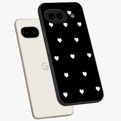 Cute And Simple White Hearts Glass Case displayed in angled mockup highlighting cute heart design with clean aesthetic style.