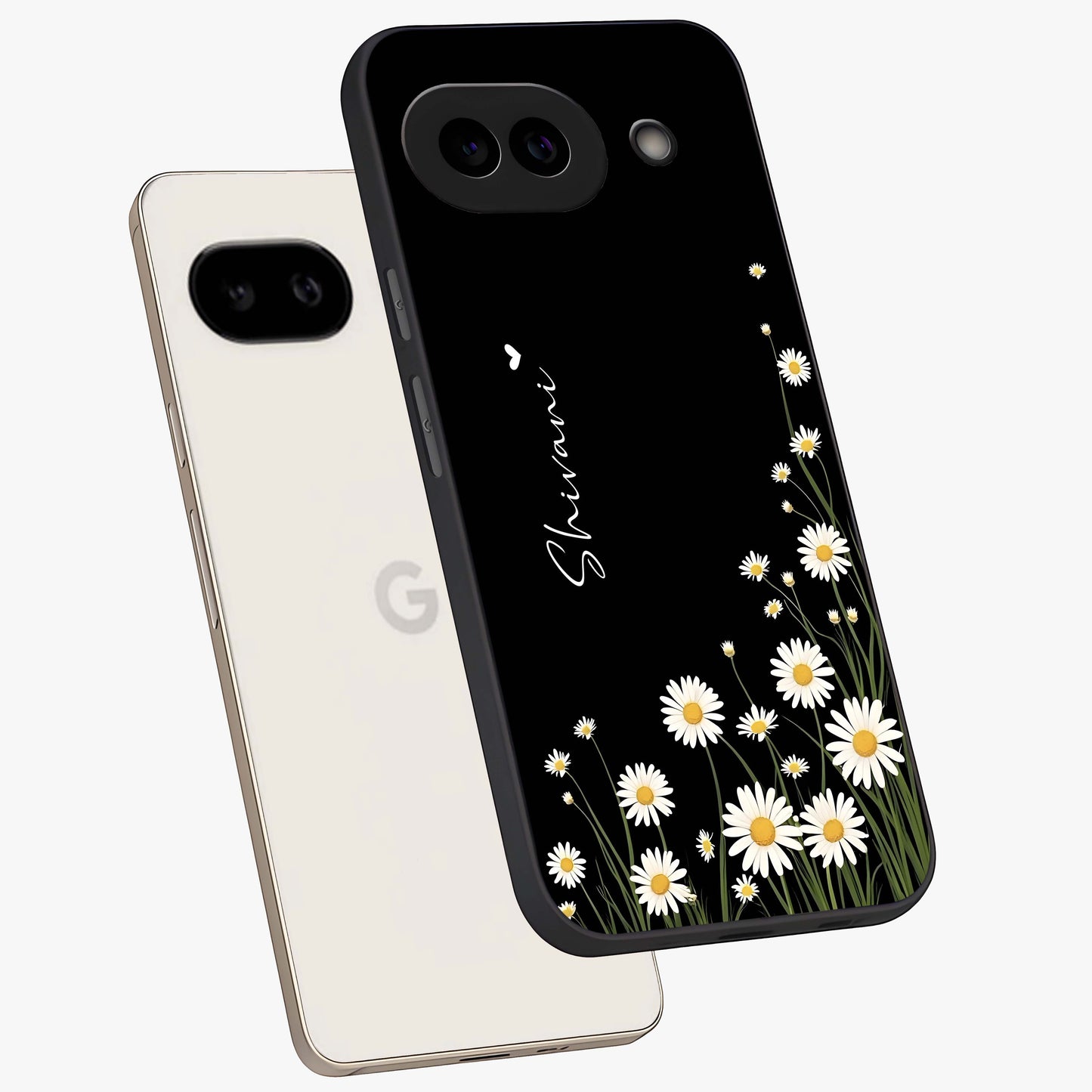 Daisy Cascade Custom Name Glass Case displayed in angled mockup highlighting delicate daisy artwork with custom name feature.