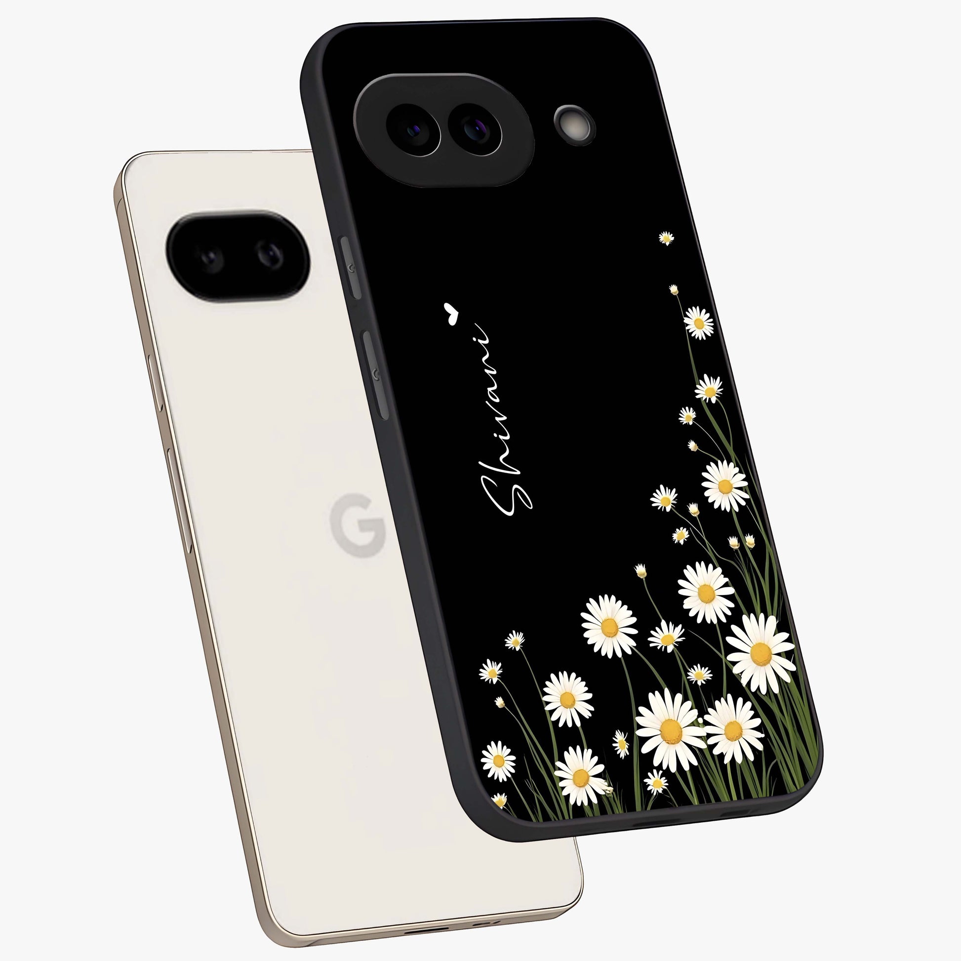 Daisy Cascade Custom Name Glass Case displayed in angled mockup highlighting delicate daisy artwork with custom name feature.