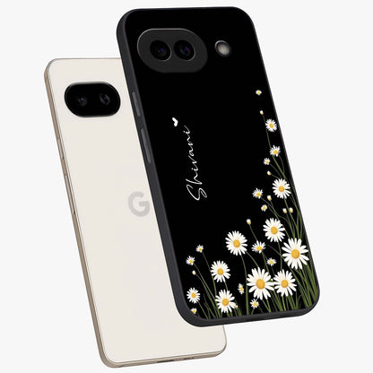 Daisy Cascade Custom Name Glass Case displayed in angled mockup highlighting delicate daisy artwork with custom name feature.