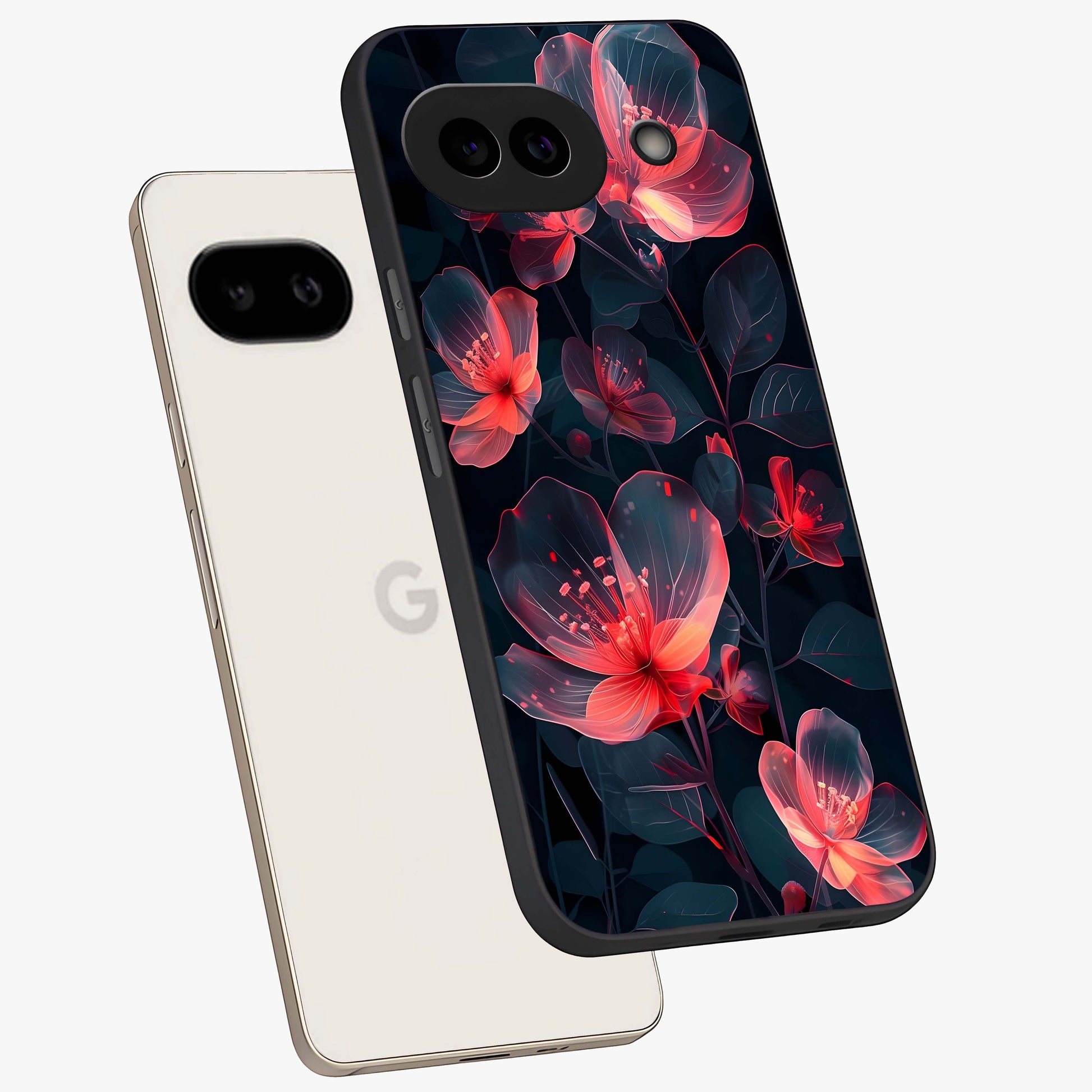 Dark Shade of Flower Glass Case displayed in angled mockup highlighting moody floral illustration with aesthetic dark tones.