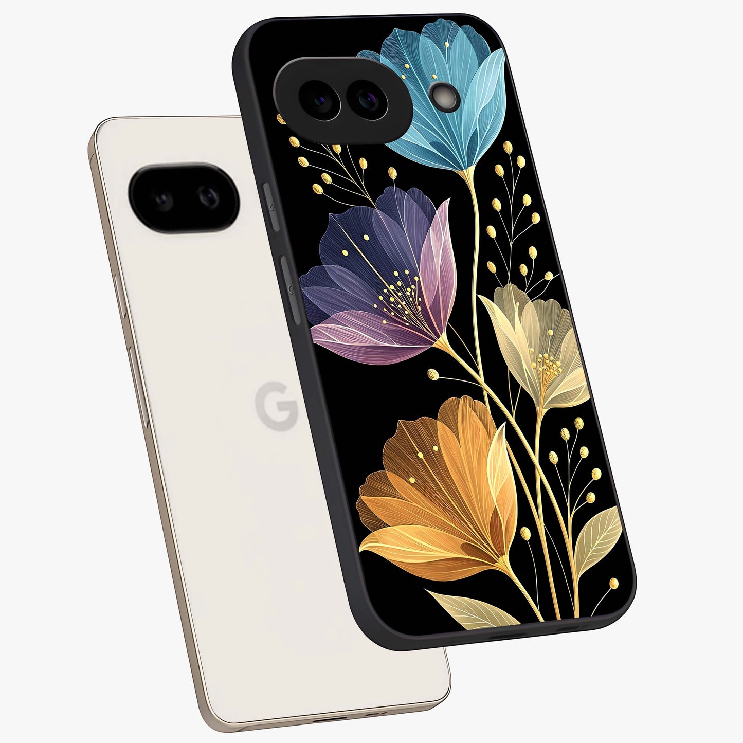 Delicate Multicolor Flowers Glass Case displayed in angled mockup highlighting colorful flower pattern with soft aesthetic style.