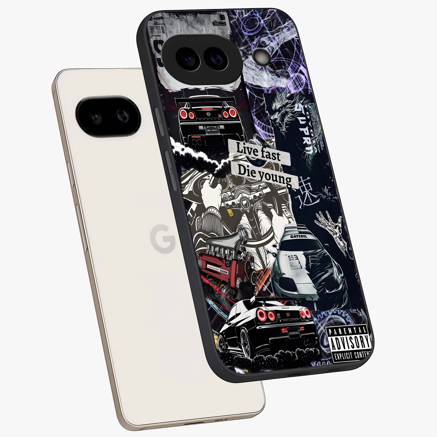 Die Young Glass Case displayed in angled mockup highlighting expressive graphic artwork with edgy aesthetic style.