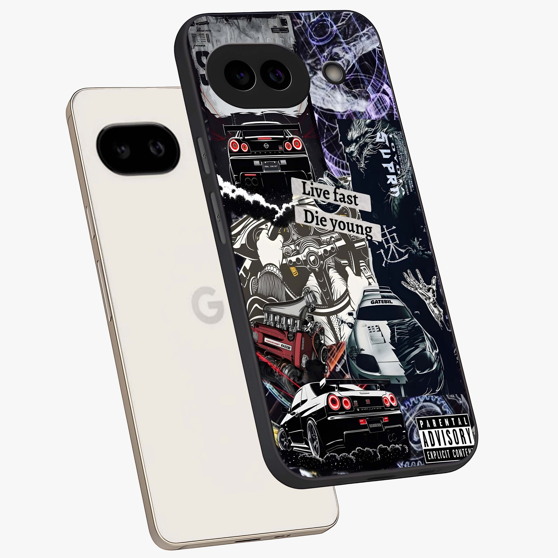 Die Young Glass Case displayed in angled mockup highlighting expressive graphic artwork with edgy aesthetic style.