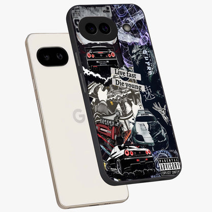 Die Young Glass Case displayed in angled mockup highlighting expressive graphic artwork with edgy aesthetic style.