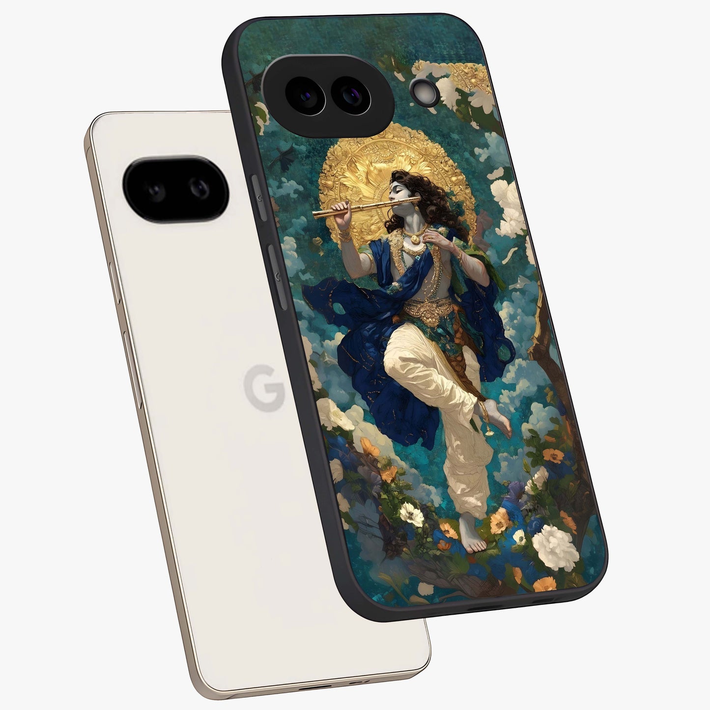 Divine Krishna Art Glass Case displayed in angled mockup highlighting spiritual Krishna illustration with devotional aesthetic.