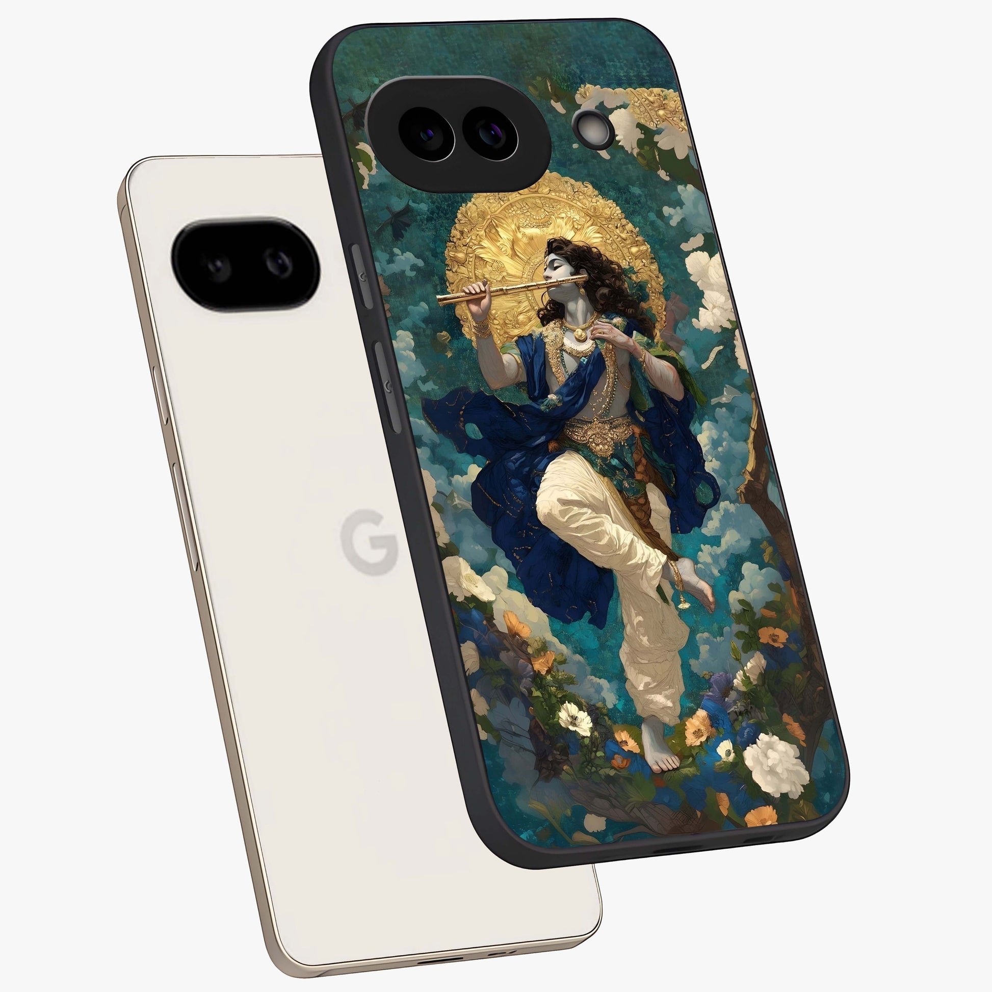 Divine Krishna Art Glass Case displayed in angled mockup highlighting spiritual Krishna illustration with devotional aesthetic.