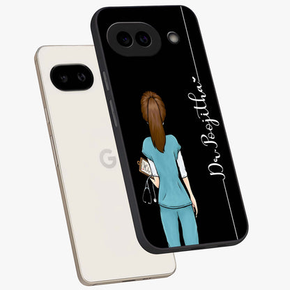 Doctor Pattern Custom Name Glass Case displayed in angled mockup highlighting doctor inspired artwork with custom name feature.