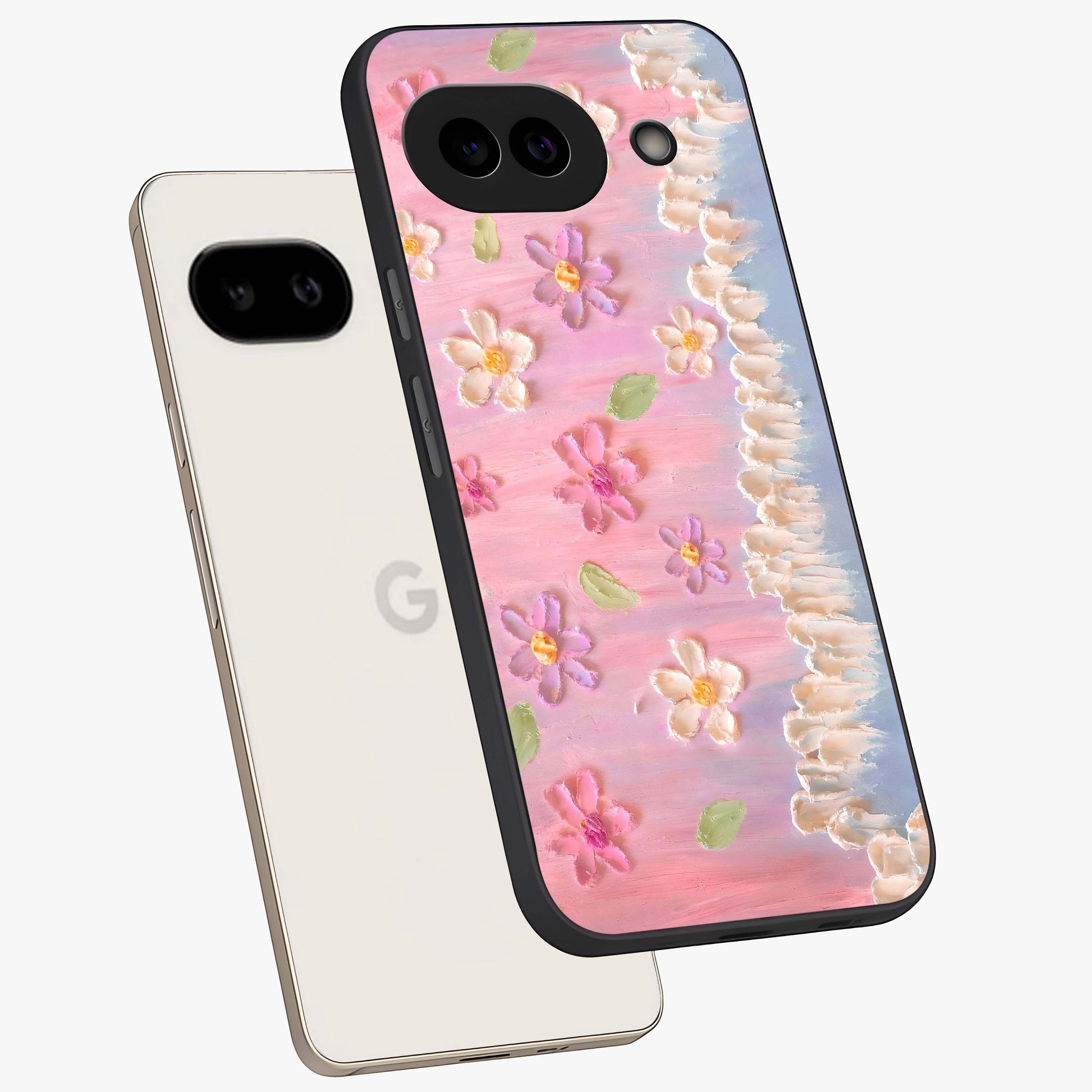 Dreamy Painted Garden Glass Case displayed in angled mockup highlighting colorful garden illustration with dreamy aesthetic style.