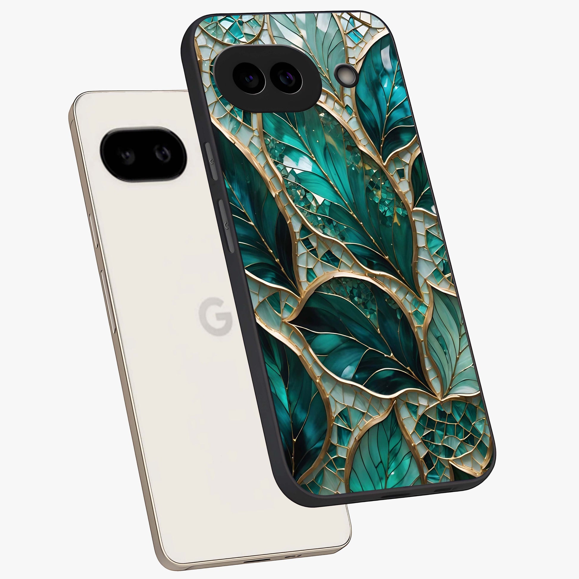 Emerald Leaf Glass Glass Case displayed in angled mockup highlighting botanical leaf illustration with elegant natural aesthetic.