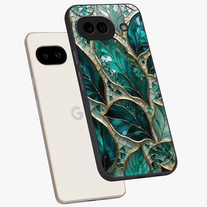 Emerald Leaf Glass Glass Case displayed in angled mockup highlighting botanical leaf illustration with elegant natural aesthetic.