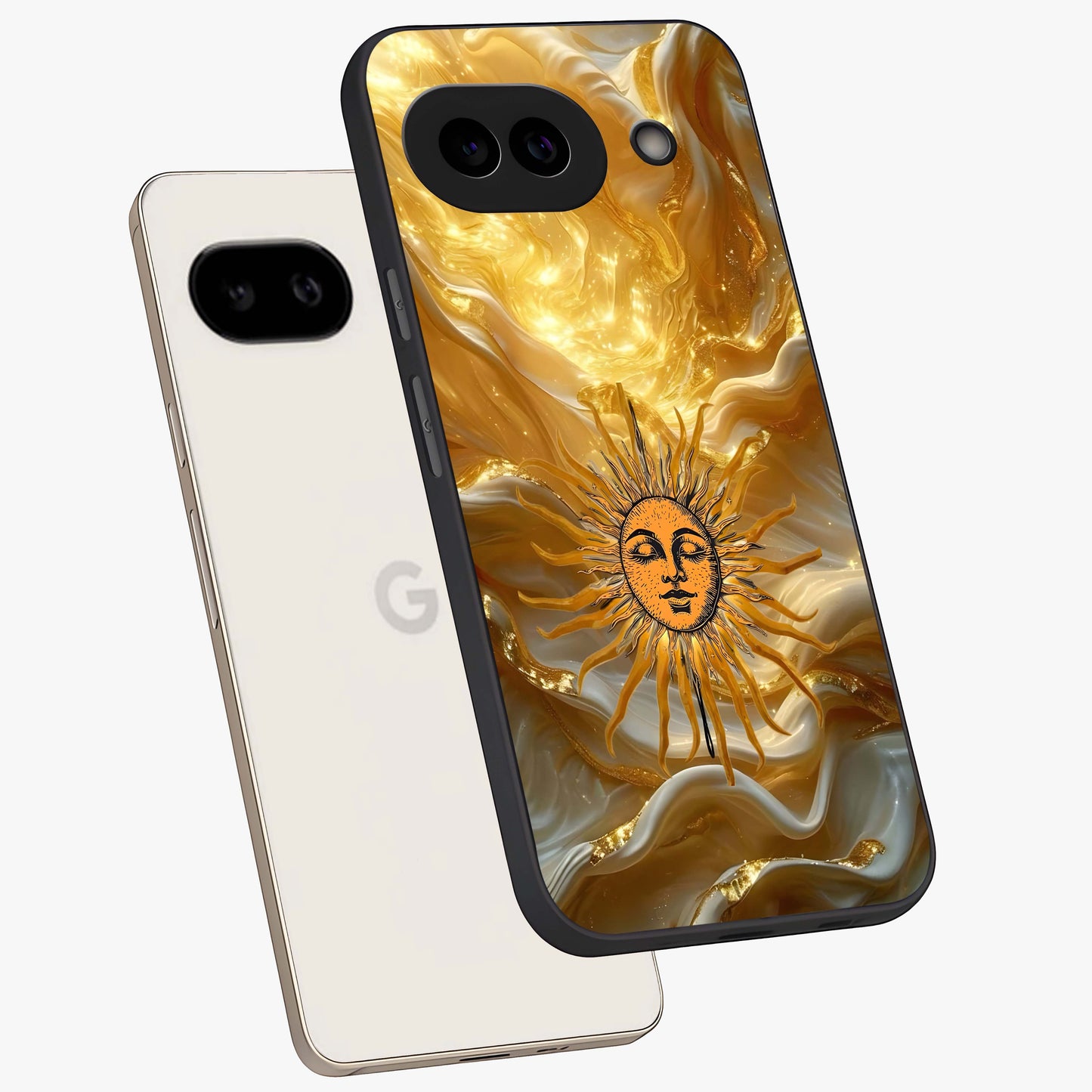 Eternal Golden Glow Glass Case displayed in angled mockup highlighting glowing golden aesthetic design with elegant style.
