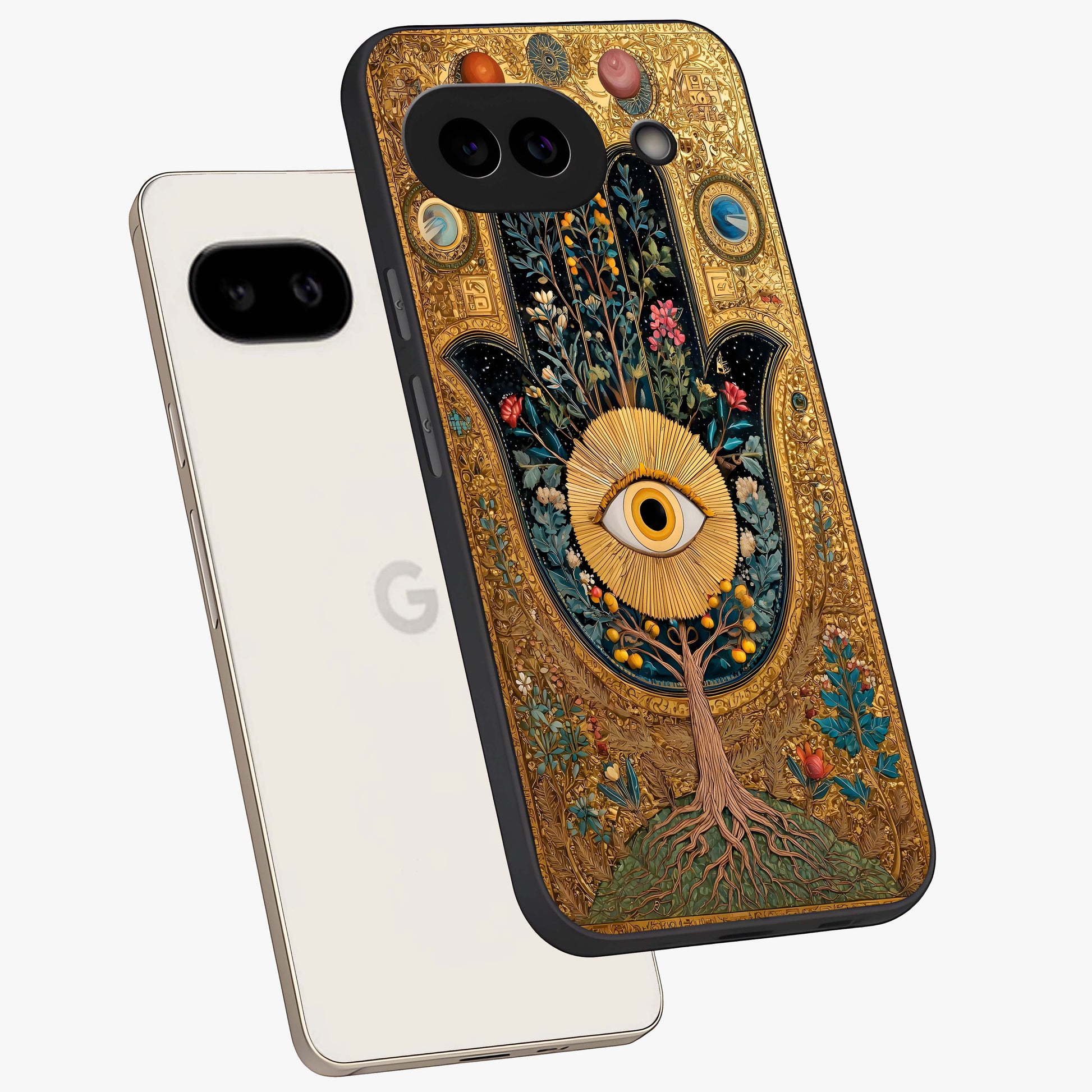 Ethereal Evil Eye Glass Case displayed in angled mockup highlighting protective evil eye symbol with spiritual aesthetic design.