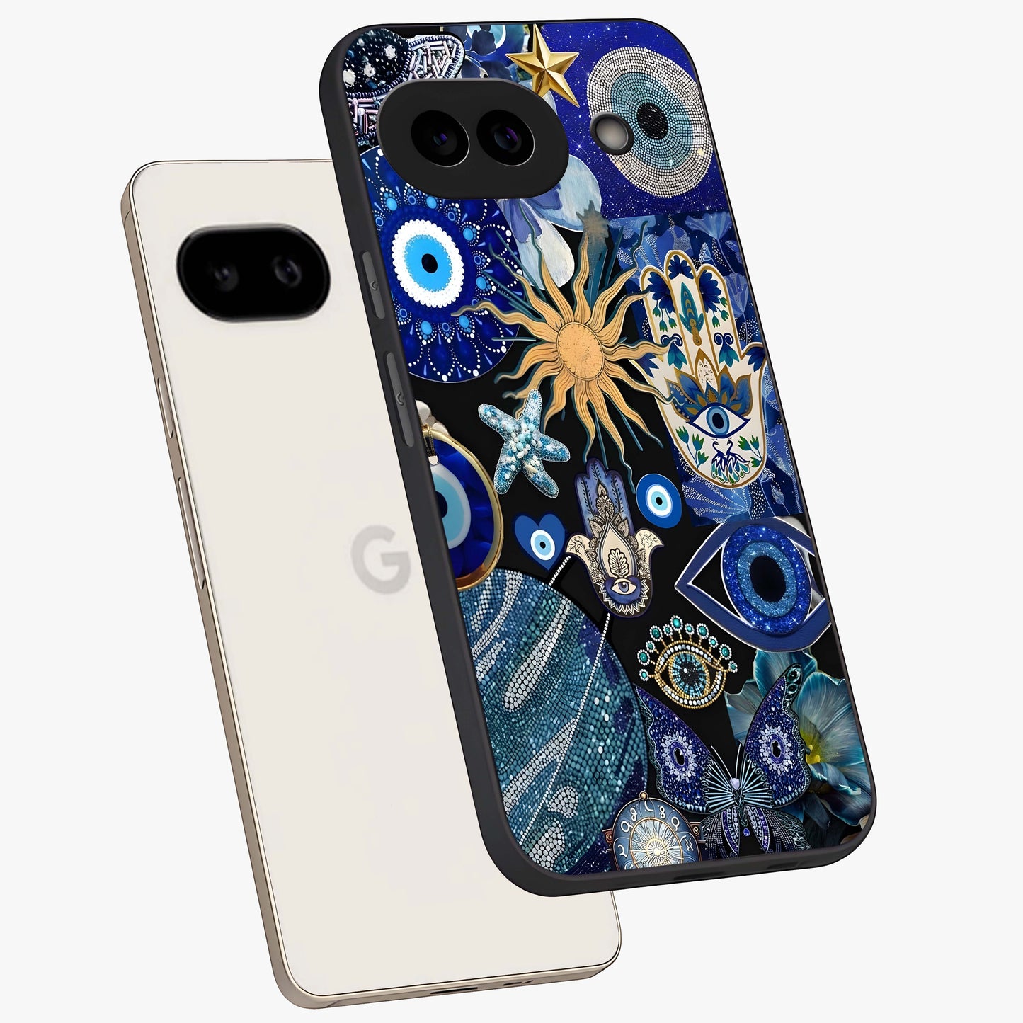 Evil Eye Charm Mix Glass Case displayed in angled mockup highlighting protective evil eye symbols with spiritual aesthetic design.