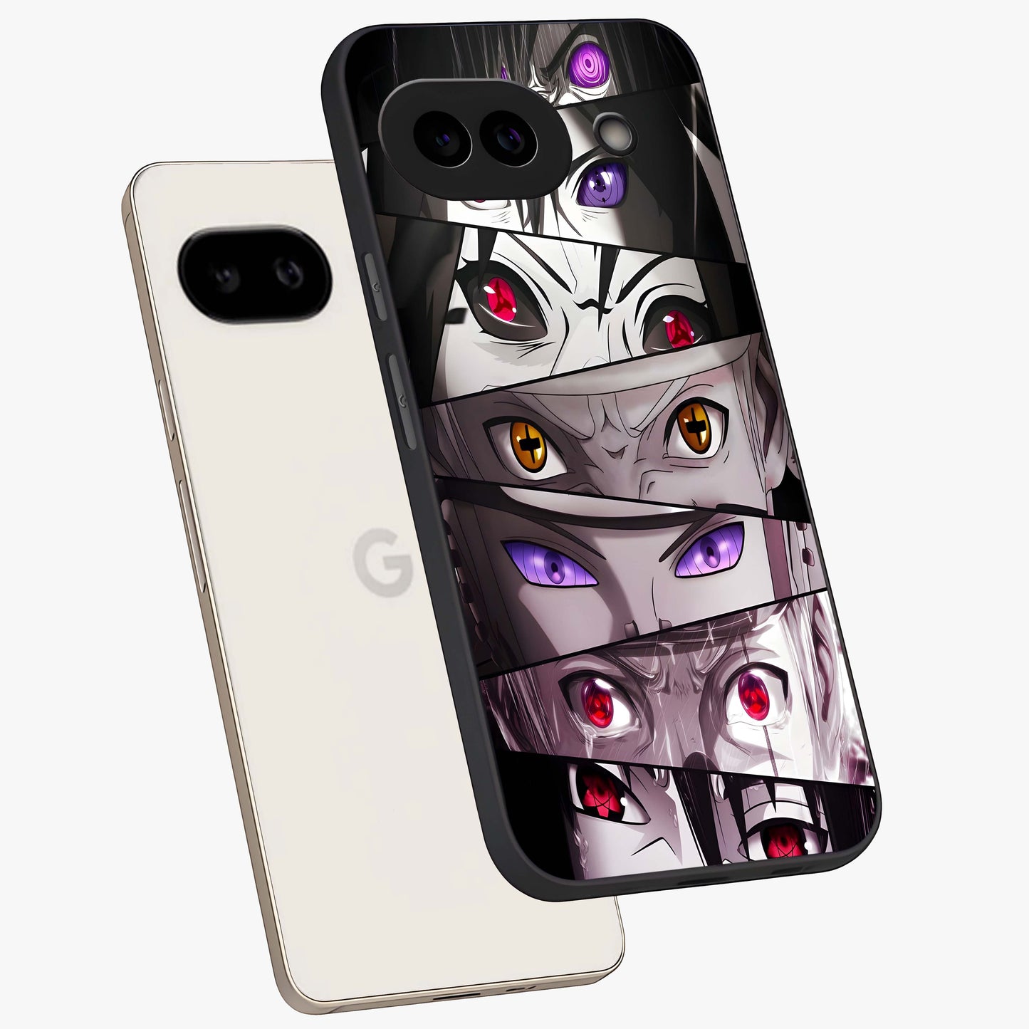 Eyes of Destiny Glass Case displayed in angled mockup highlighting bold eye illustration with mystical aesthetic style.
