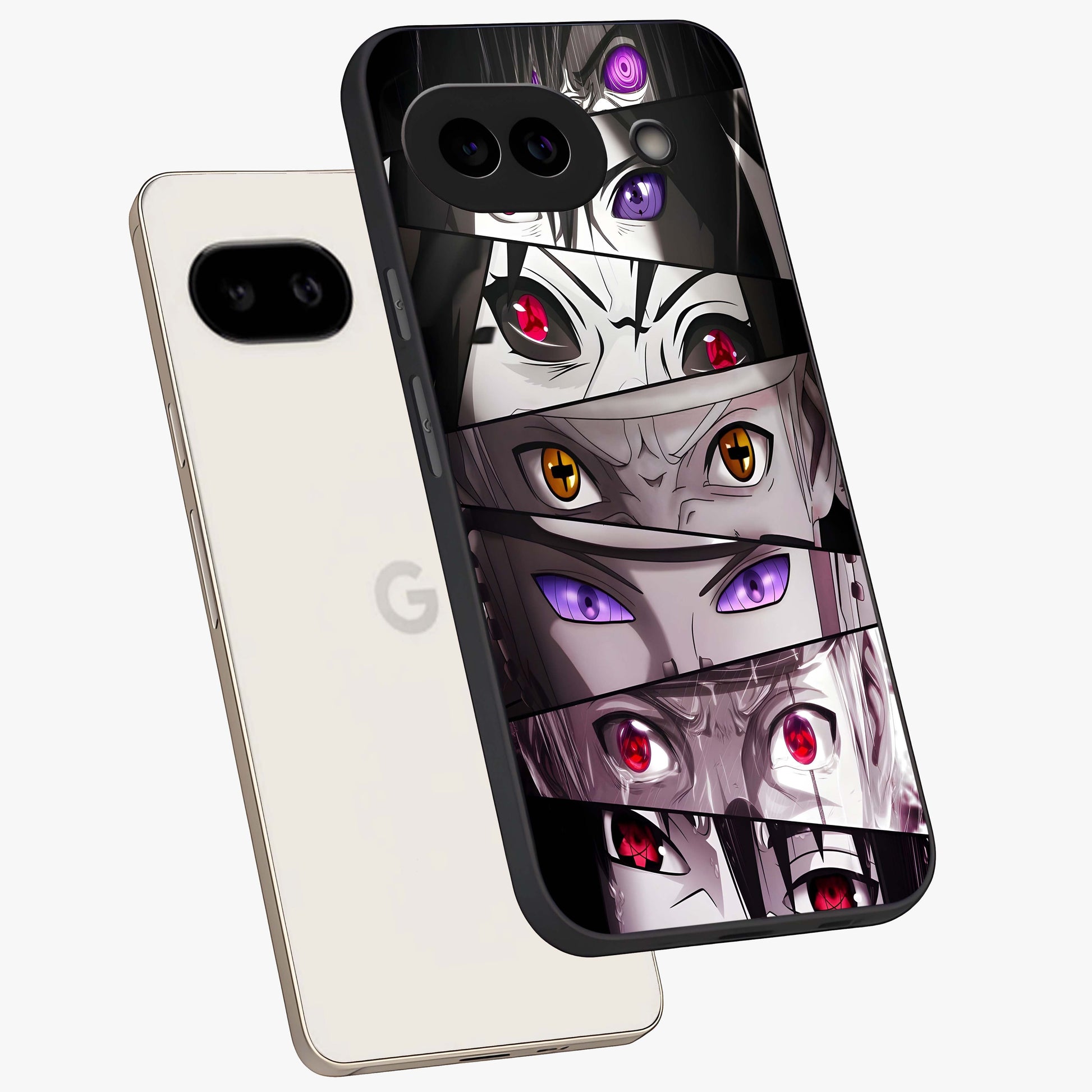 Eyes of Destiny Glass Case displayed in angled mockup highlighting bold eye illustration with mystical aesthetic style.