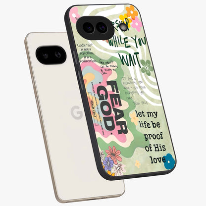 Faith Over Fear Glass Case displayed in angled mockup highlighting inspirational message design with modern aesthetic style.