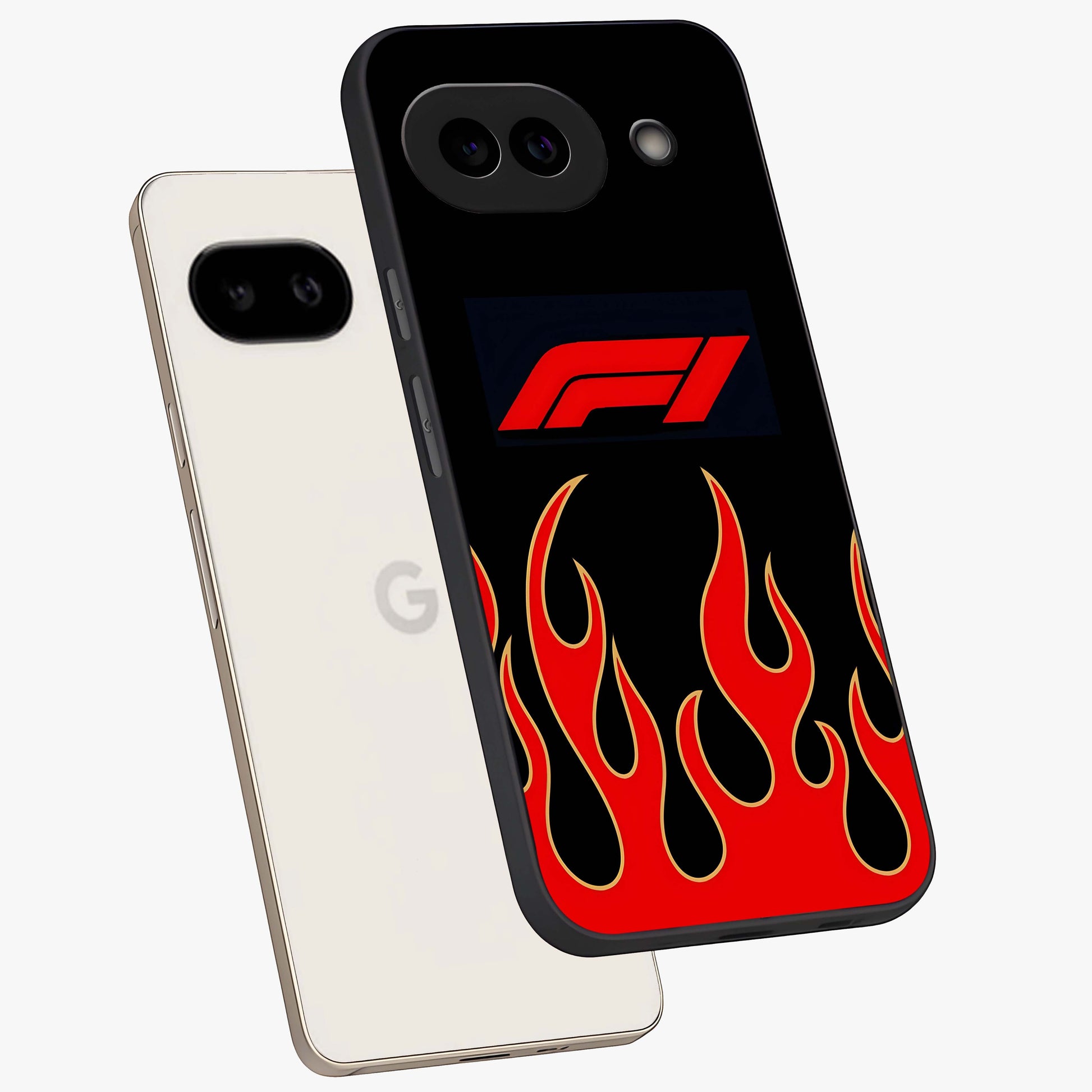 Fire F11 Glass Case displayed in angled mockup highlighting bold fire inspired graphic with energetic aesthetic style.