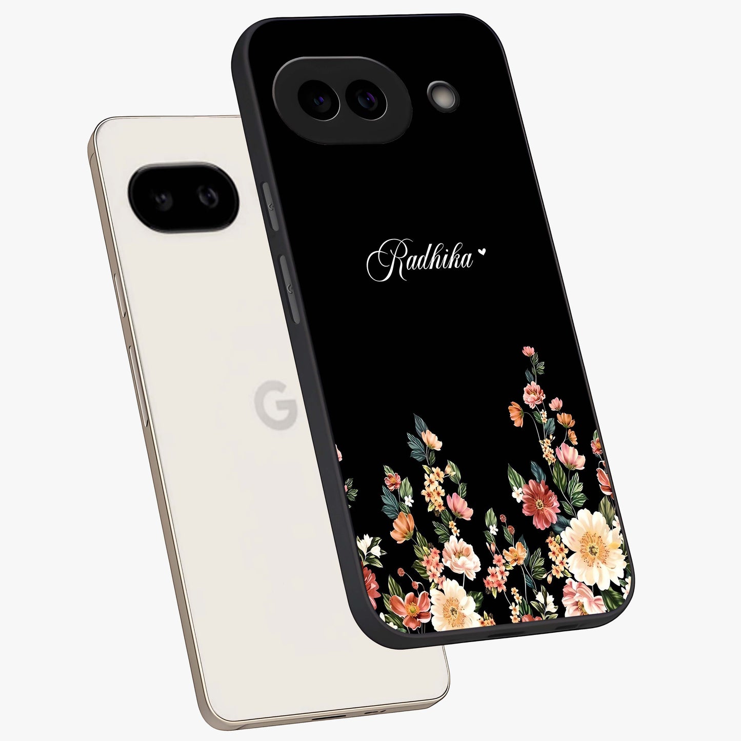 Floral Design With a Custom Personalized Name Glass Case displayed in angled mockup highlighting elegant floral pattern with custom name feature.