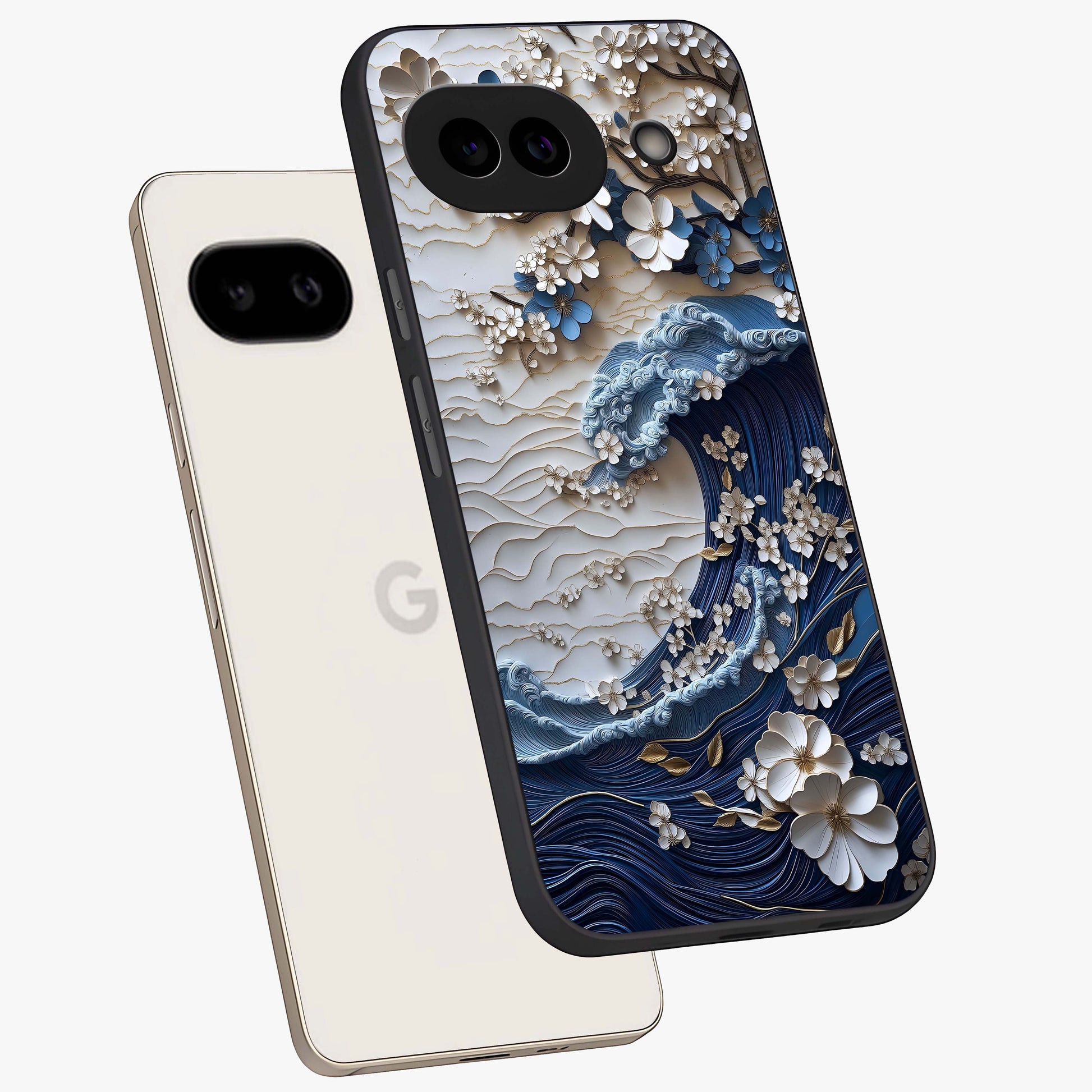 Floral Wave Origami Glass Case displayed in angled mockup highlighting geometric origami flower design with modern aesthetic style.