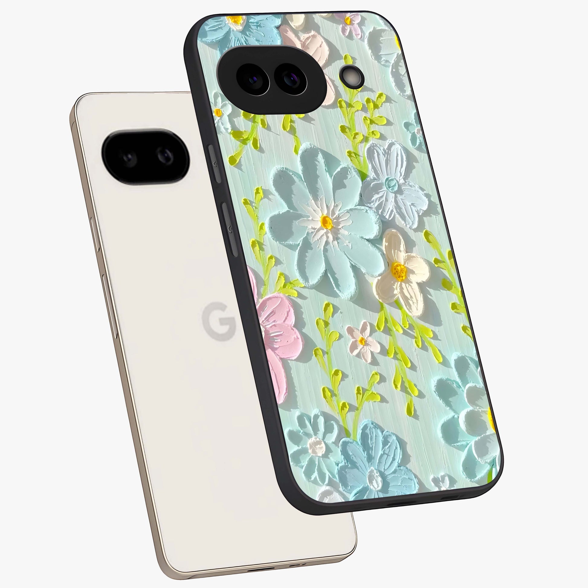 Frosted Petal Garden Glass Case displayed in angled mockup highlighting delicate flower petal design with calm garden aesthetic.