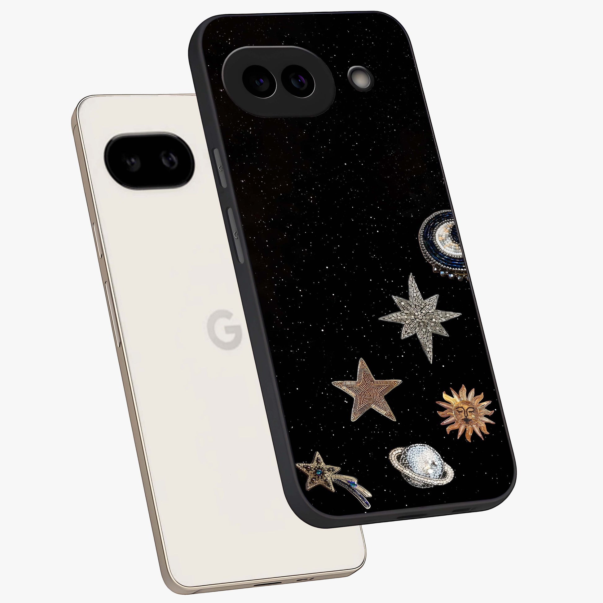 Galactic Charm Glow Glass Case displayed in angled mockup highlighting luminous galaxy inspired design with dreamy aesthetic.