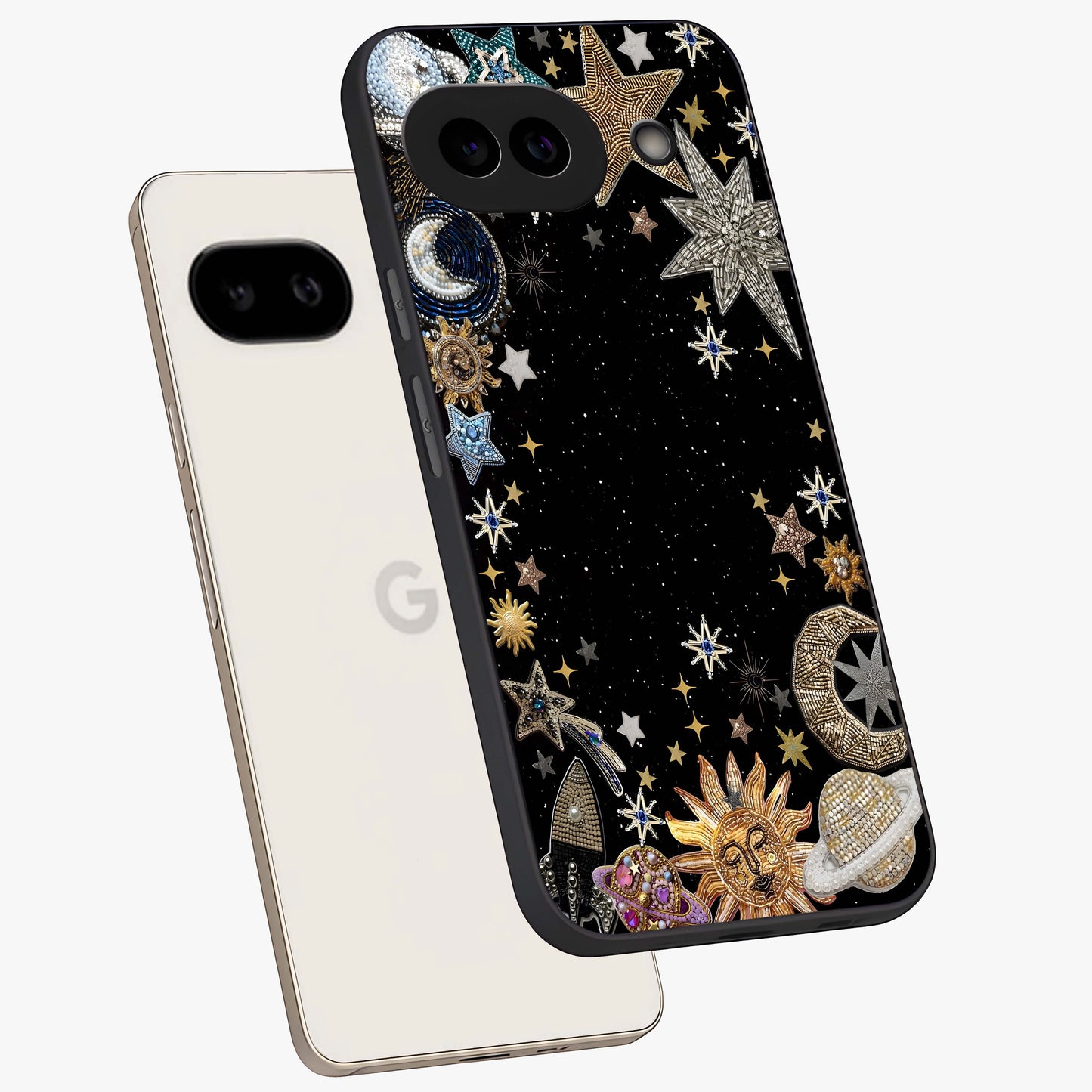 Galactic Jewel Stars Glass Case displayed in angled mockup highlighting shining celestial star design with cosmic aesthetic style.