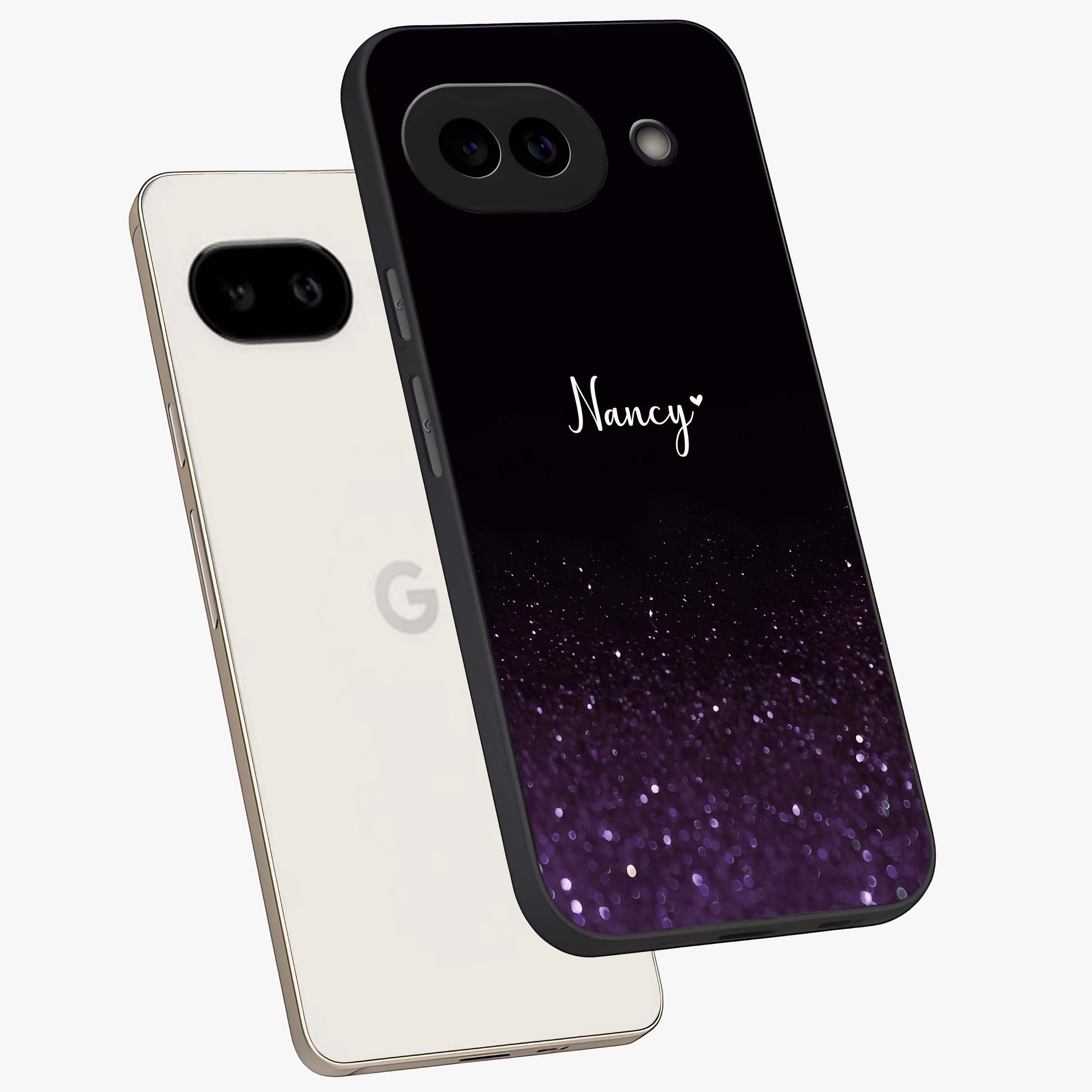 Glittery Purple Bokeh Custom Name Glass Case displayed in angled mockup highlighting glitter bokeh pattern with custom name feature.