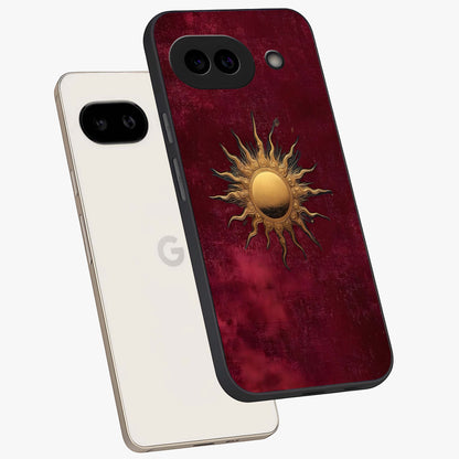 Golden Sun Minimalism Glass Case displayed in angled mockup highlighting clean sun symbol design with modern minimal aesthetic.