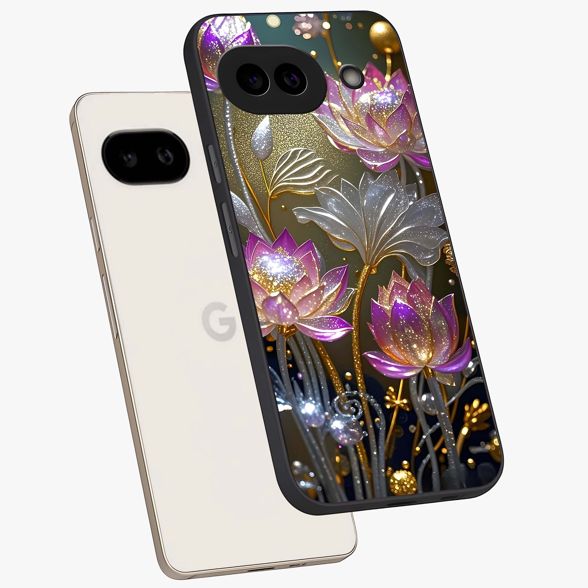 Golden Floral Majesty Glass Case displayed in angled mockup highlighting elegant flower design with royal golden aesthetic.