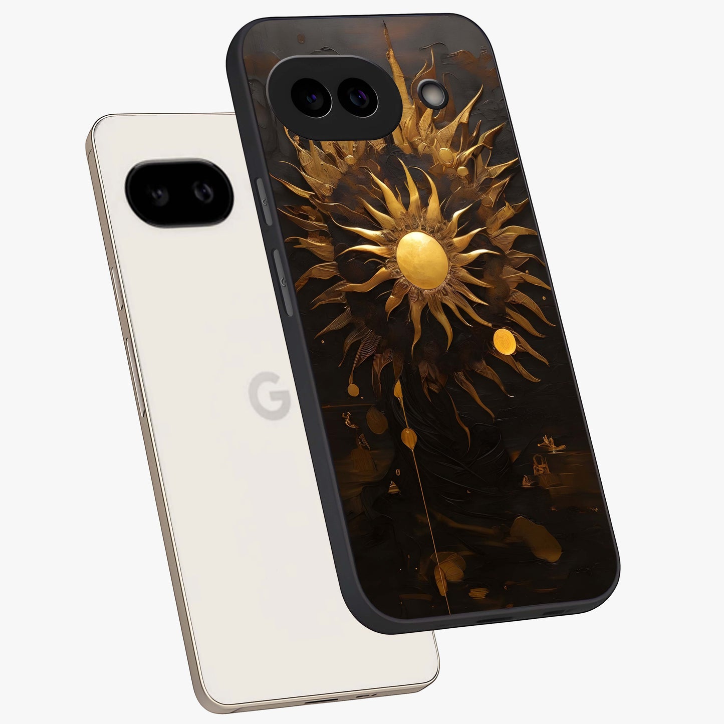 Golden Sun Majesty Glass Case displayed in angled mockup highlighting eerie shadow illustration with gothic aesthetic.