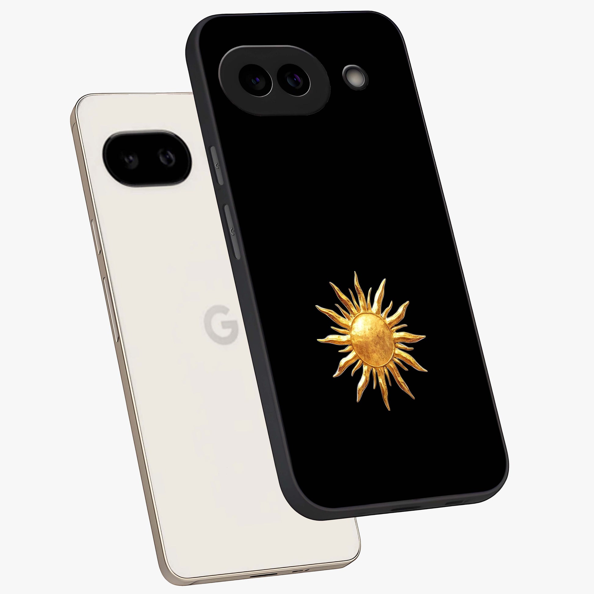 Golden Sun Minimalism Glass Case displayed in angled mockup highlighting eerie shadow illustration with gothic aesthetic.