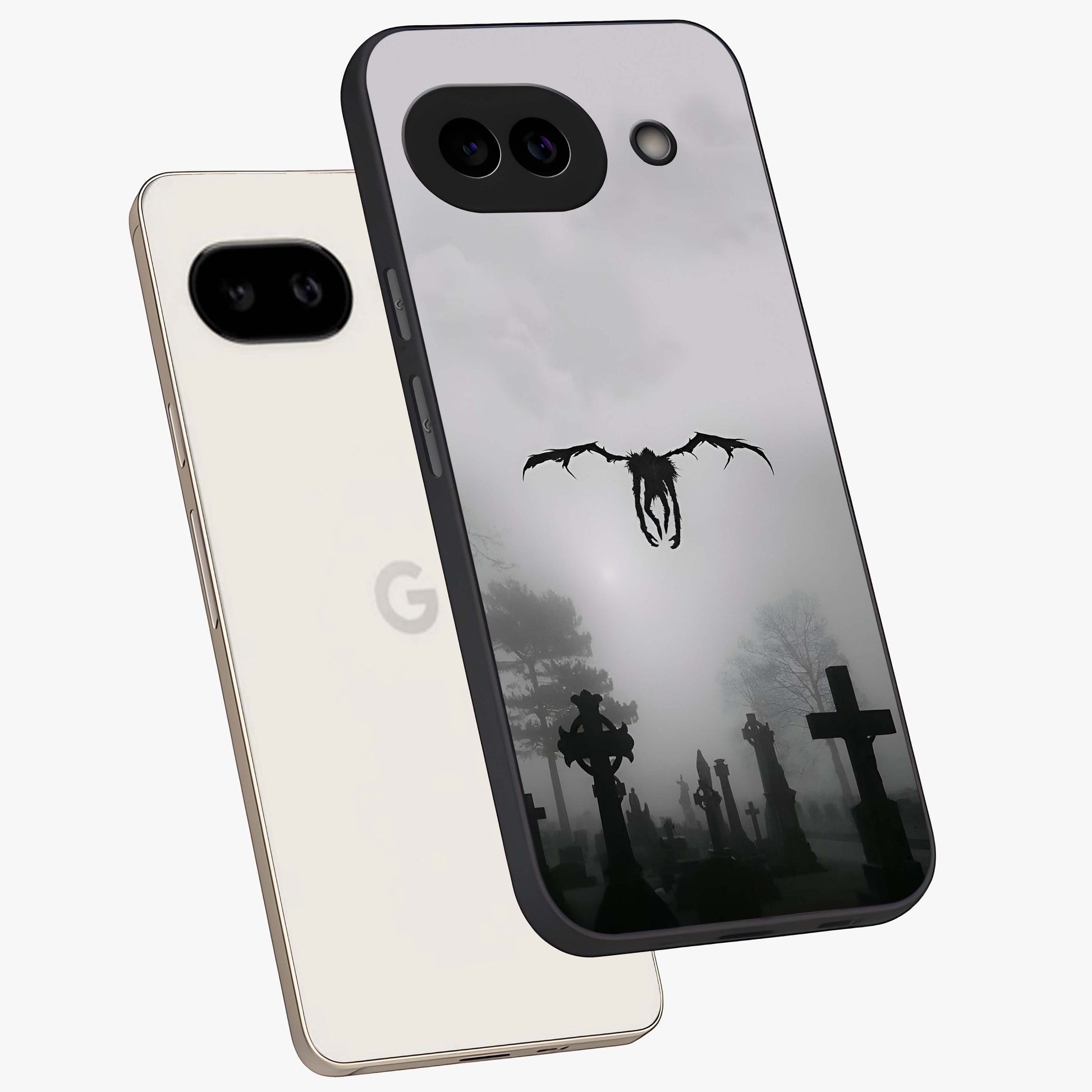 Graveyard Shadow Descent Glass Case displayed in angled mockup highlighting eerie shadow illustration with gothic aesthetic.