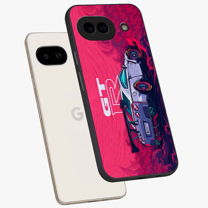 GT-R Car Pattern Glass Case displayed in angled mockup highlighting racing car graphic design with bold automotive aesthetic.