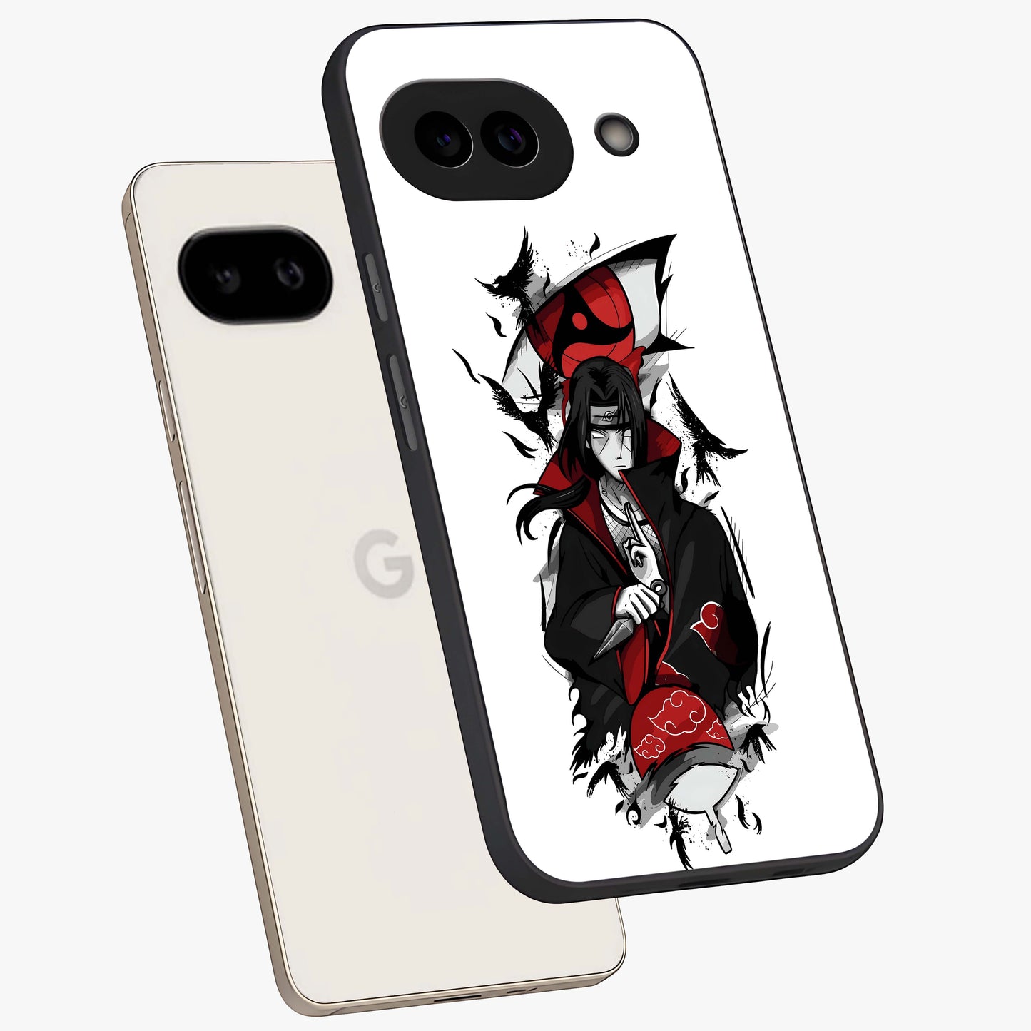 Itachi Limited Edition Naruto Anime Glass Case displayed in angled mockup highlighting dramatic anime illustration with bold action aesthetic.