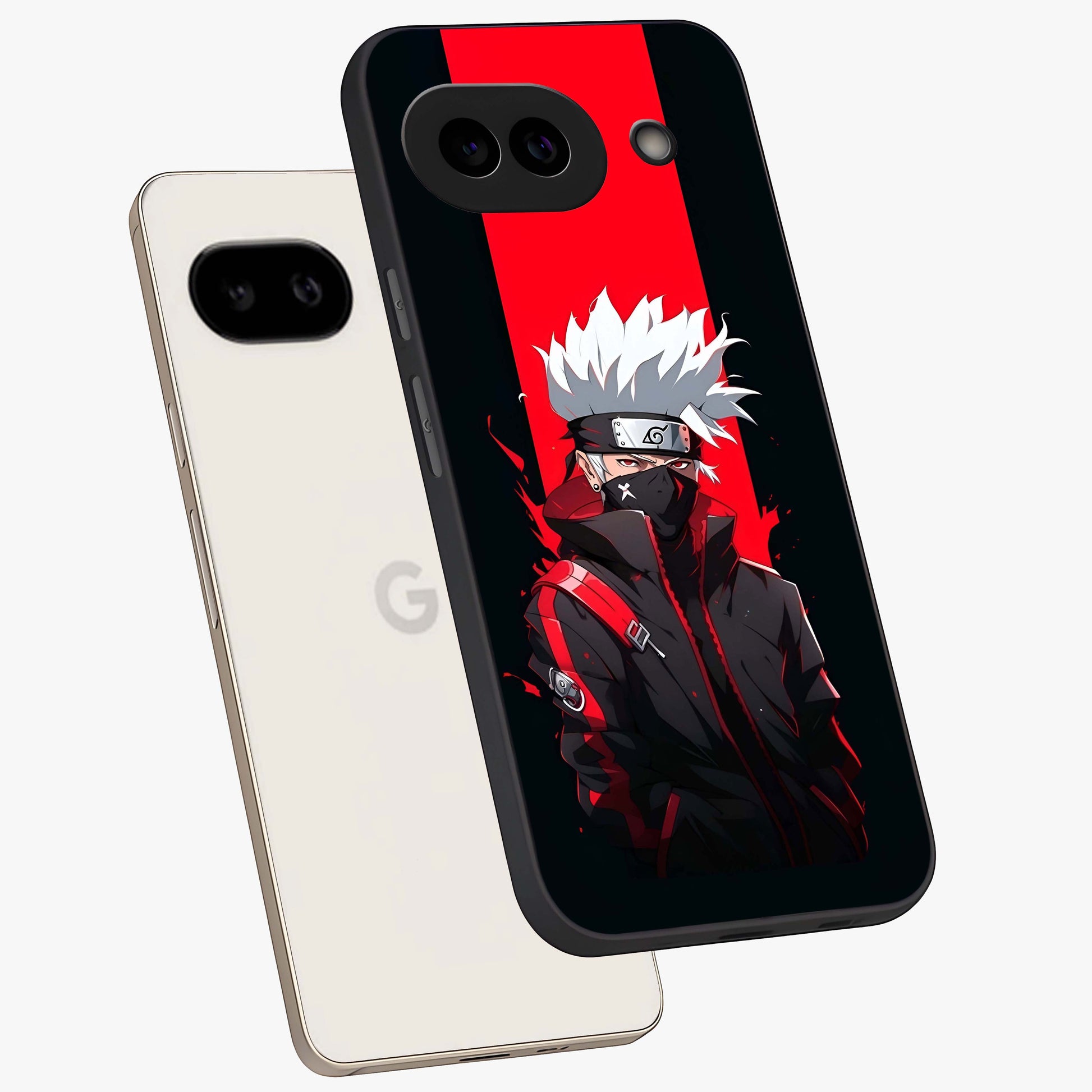 Kakashi Scarlet Shadow Glass Case displayed in angled mockup highlighting dramatic ninja illustration with scarlet themed aesthetic.