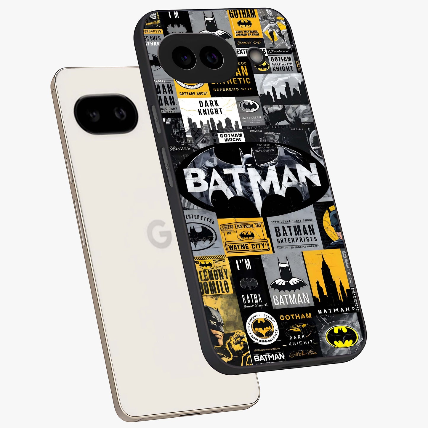 Knight Gotham Rise Glass Case displayed in angled mockup highlighting powerful knight silhouette design with dramatic aesthetic.