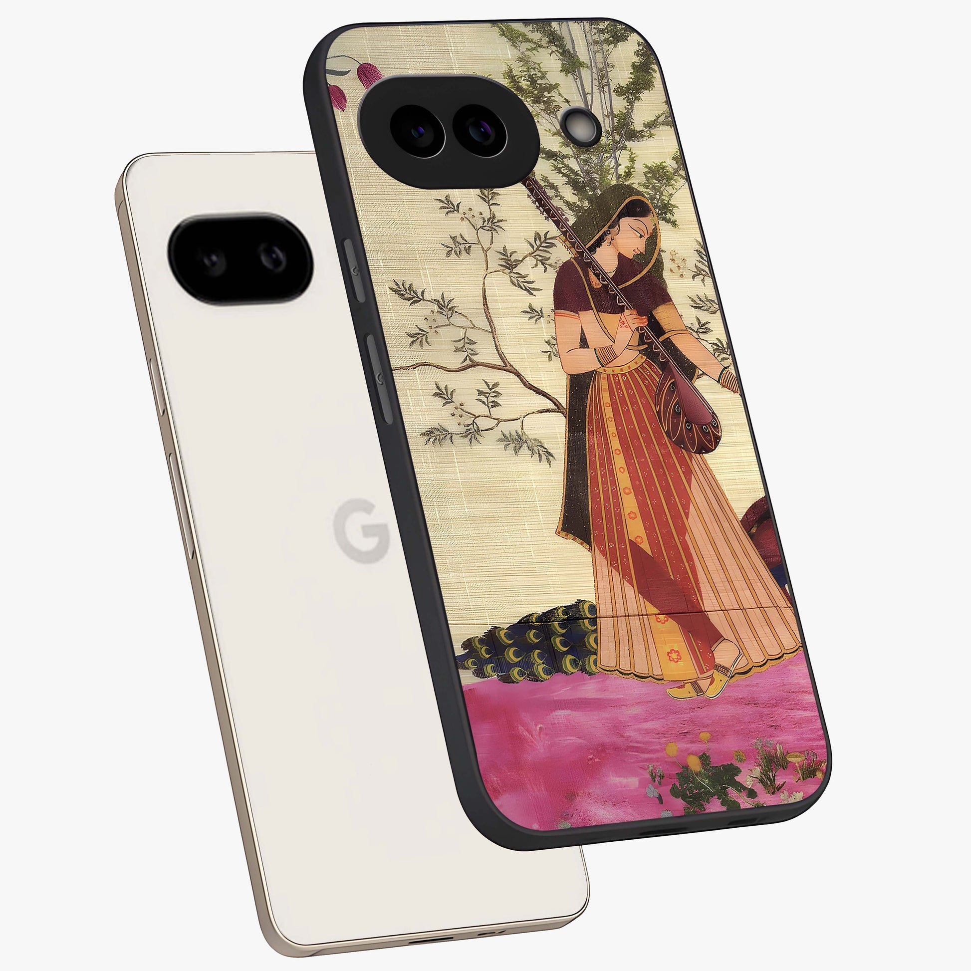 Lady With Veena Art Glass Case displayed in angled mockup highlighting graceful musical illustration with cultural artistic aesthetic.