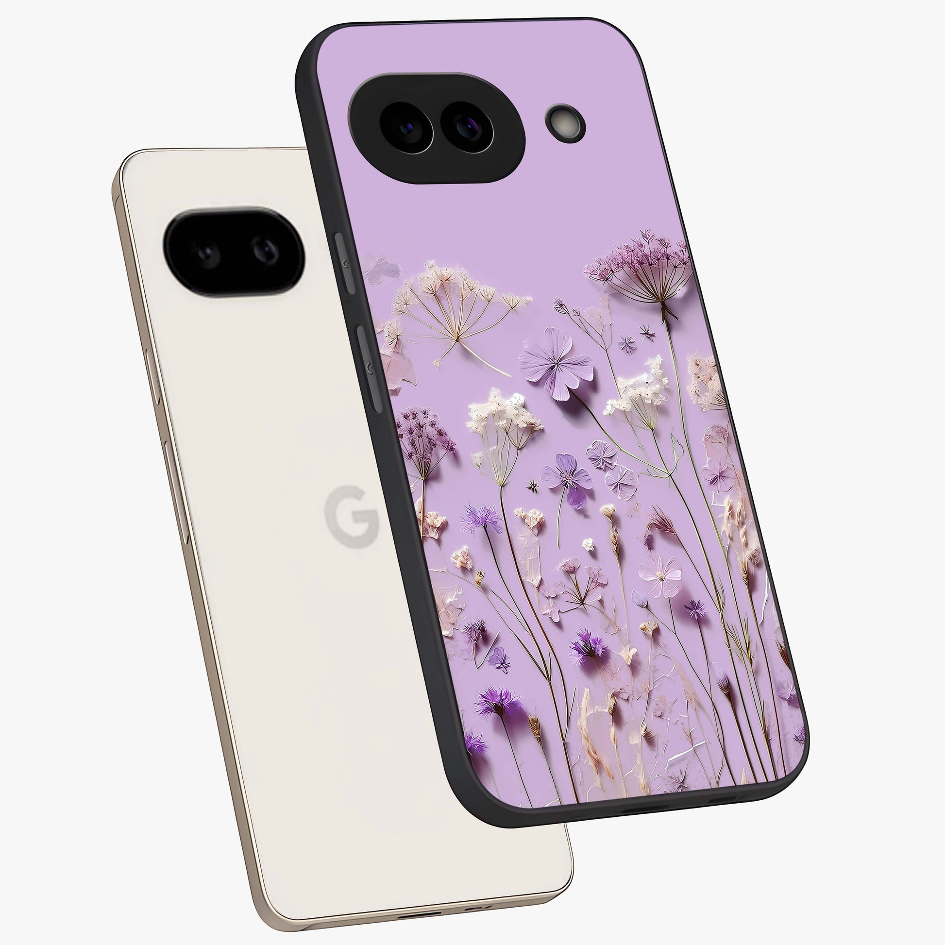 Lavender Blossom Dream Glass Case displayed in angled mockup highlighting dreamy lavender flower design with calming aesthetic style.