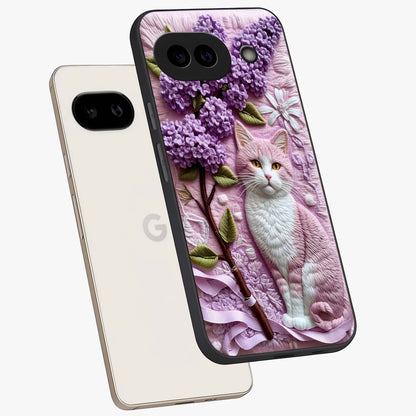 Lavender Cat Whimsy Glass Case displayed in angled mockup highlighting playful feline illustration with pastel lavender aesthetic.