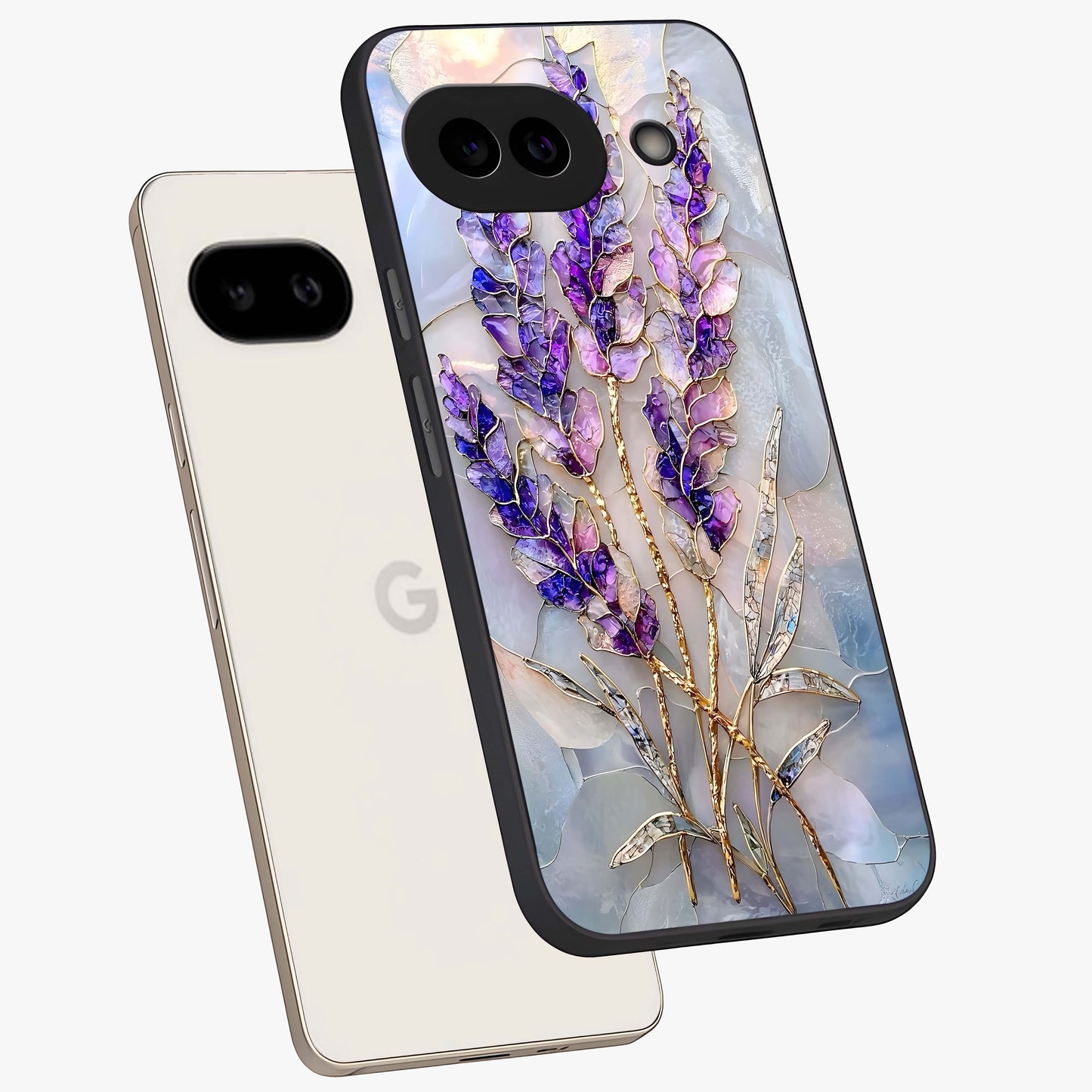 Lavender Dream Glow Glass Case displayed in angled mockup highlighting dreamy purple glow design with soft artistic style.